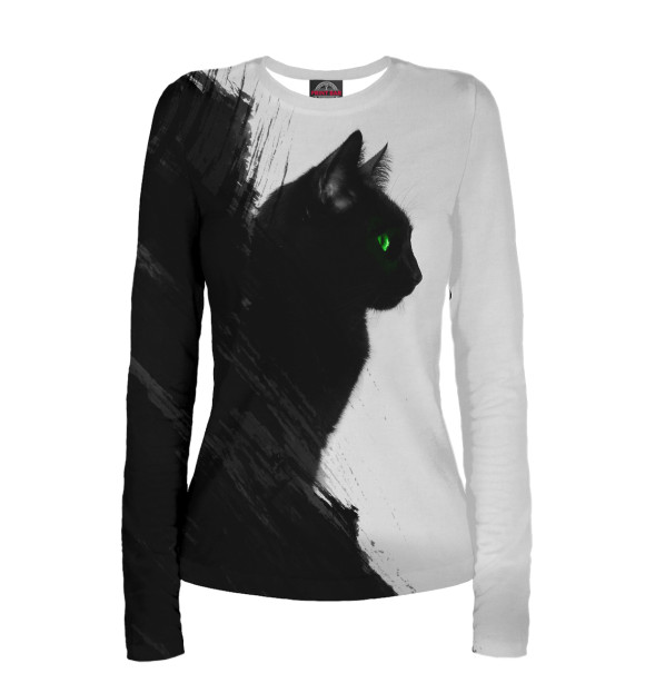 Женский лонгслив с изображением Чёрный кот цвета Белый