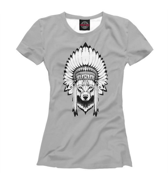 Женская футболка с изображением Индеец волк на сером фоне цвета Белый