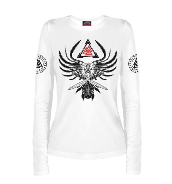 Женский лонгслив с притом Валькнут, путь воина цвета Белый Женский лонгслив с изображением Валькнут, путь воина цвета Белый