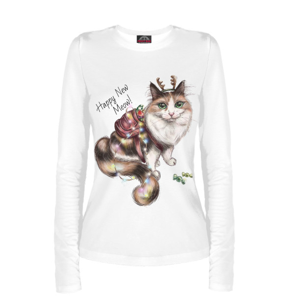Женский лонгслив с изображением Happy New Meow! цвета Белый