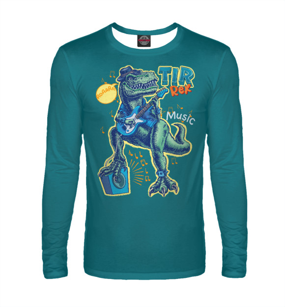 Мужской лонгслив с изображением Динозавр играет на гитаре цвета Белый