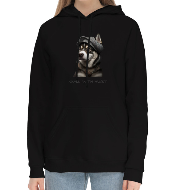 Женский хлопковый худи с изображением WALK WITH HUSKY цвета Черный