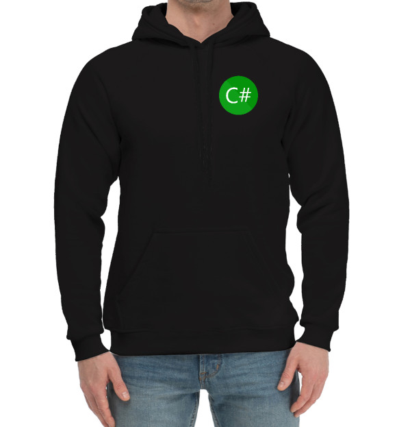 Мужской хлопковый худи с изображением C Sharp Logo цвета Черный