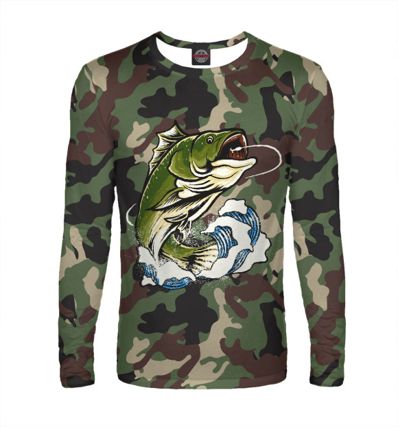 Мужской лонгслив с изображением Рыбалка камуфляж цвета Белый