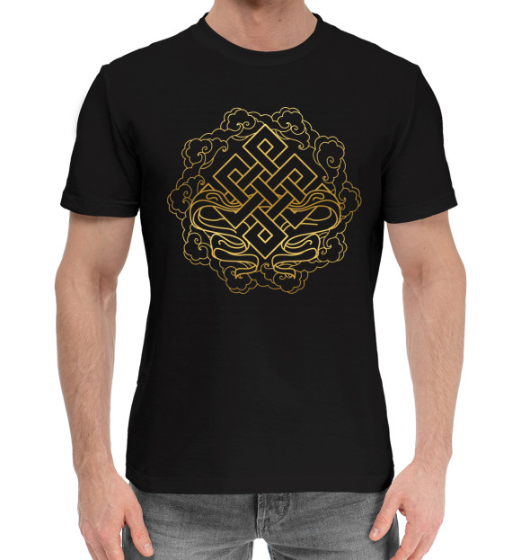 Мужская хлопковая футболка с изображением Буддийский Символ Удачи цвета Черный