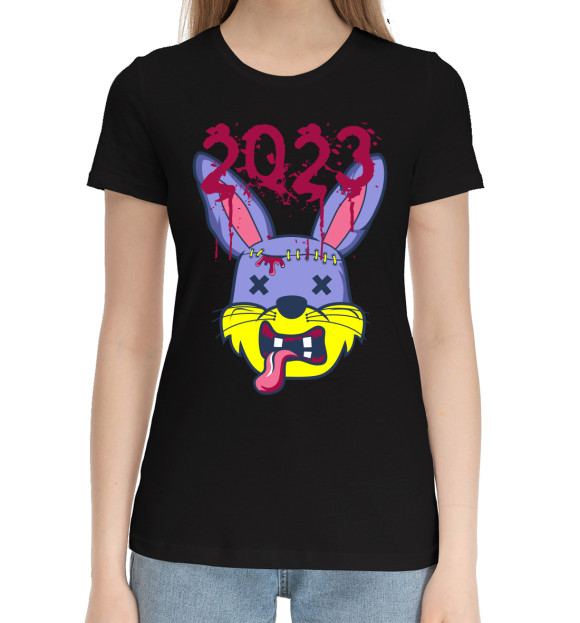 Женская хлопковая футболка с изображением 2023 цвета Черный