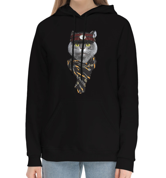 Женский хлопковый худи с притом Стимпанкот цвета Черный Женский хлопковый худи с изображением Стимпанкот цвета Черный