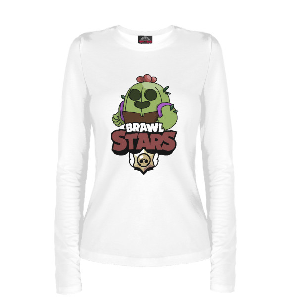 Женский лонгслив с притом Brawl Stars-Spike цвета Белый Женский лонгслив с изображением Brawl Stars-Spike цвета Белый