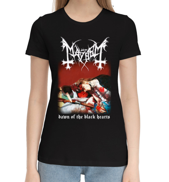 Женская хлопковая футболка с изображением Mayhem цвета Черный