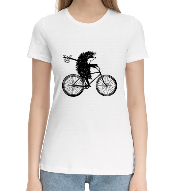 Женская хлопковая футболка с изображением Ежик на велосипеде цвета Белый