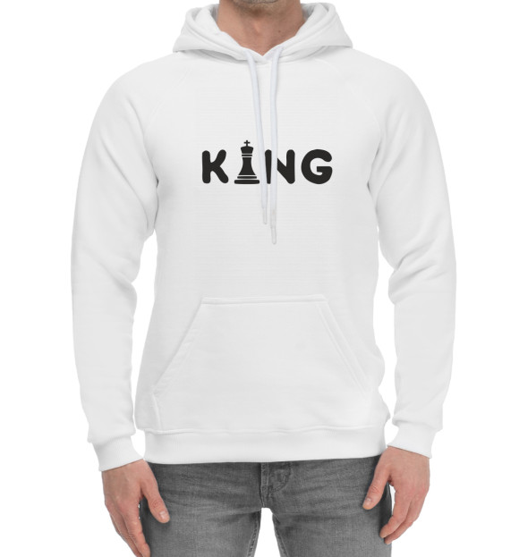 Мужской хлопковый худи с изображением Король Шахмат цвета Белый