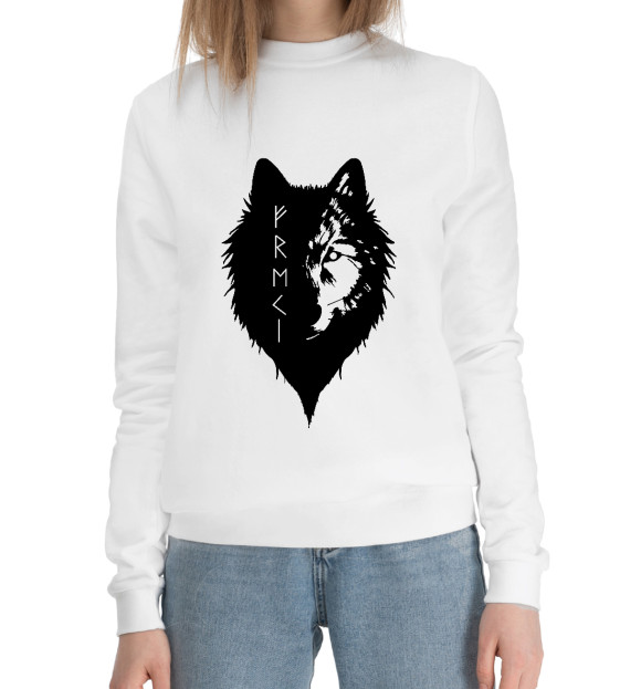 Женский хлопковый свитшот с изображением Волк Одина цвета Белый