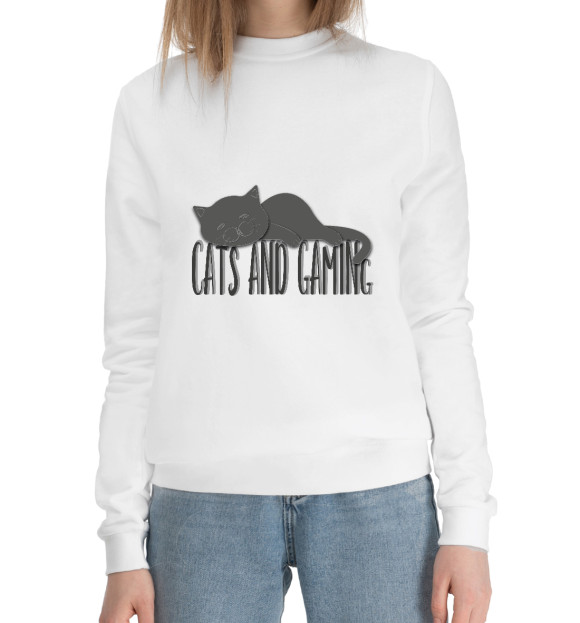 Женский хлопковый свитшот с изображением Кот и игры цвета Белый