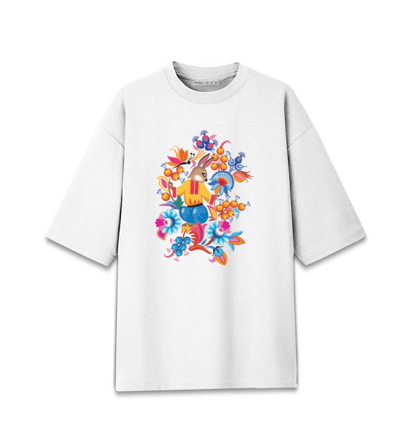 Женская футболка оверсайз с изображением Русский народный с зайчиком цвета Белый