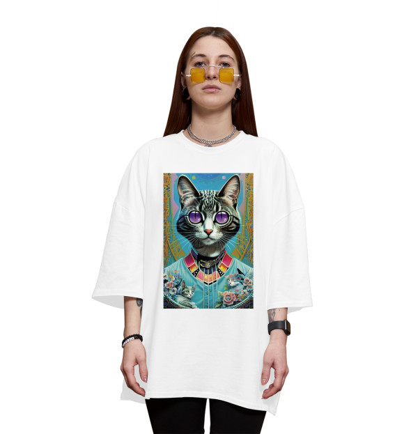 Женская футболка оверсайз с изображением Кошечка с фиолетовыми глазами цвета Белый