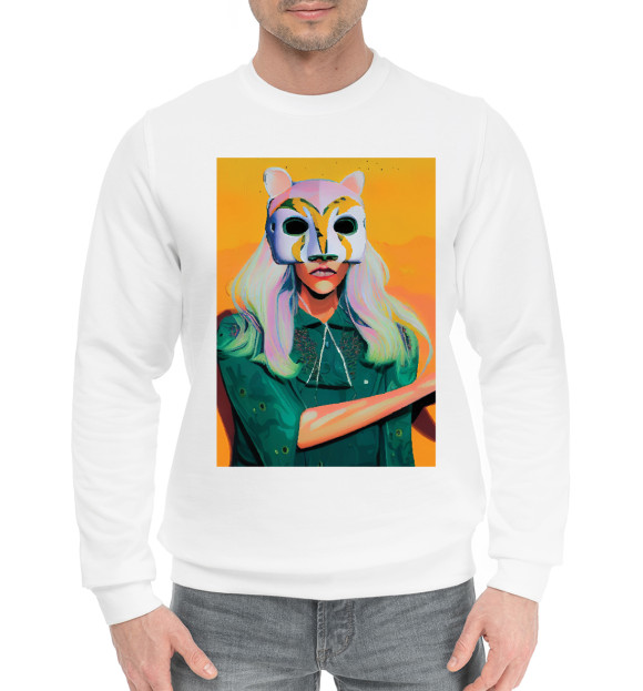 Мужской хлопковый свитшот с изображением Девушка в маске цвета Белый