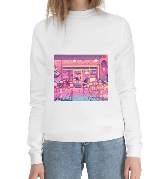 Женский хлопковый свитшот с изображением Vaporwave Coffeeshop цвета Белый