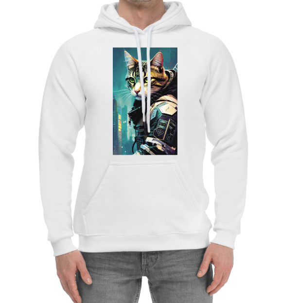 Мужской хлопковый худи с изображением Крутой котяра космонавт цвета Белый