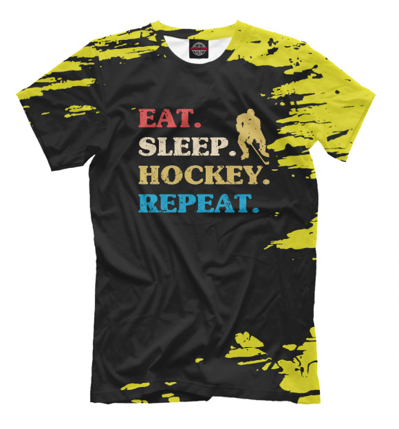 Мужская футболка с изображением Eat Sleep Hockey Repeat цвета Белый