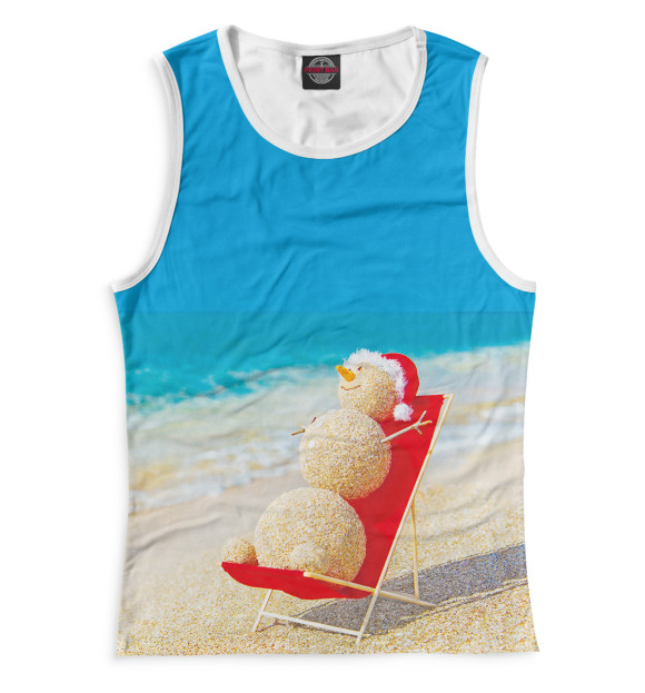 Майка для девочки с изображением Снеговик на пляже цвета Белый