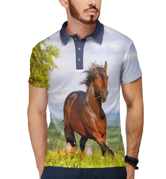 Мужское поло с изображением Лошадь цвета Белый