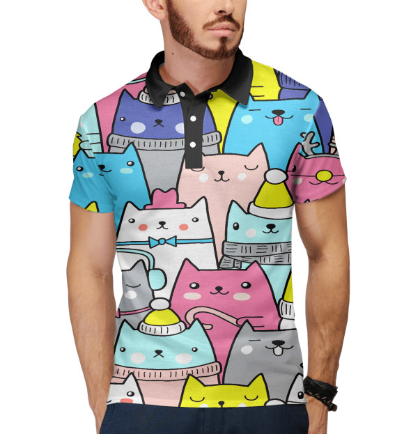 Мужское поло с притом Котики цвета Белый Мужское поло с изображением Котики цвета Белый