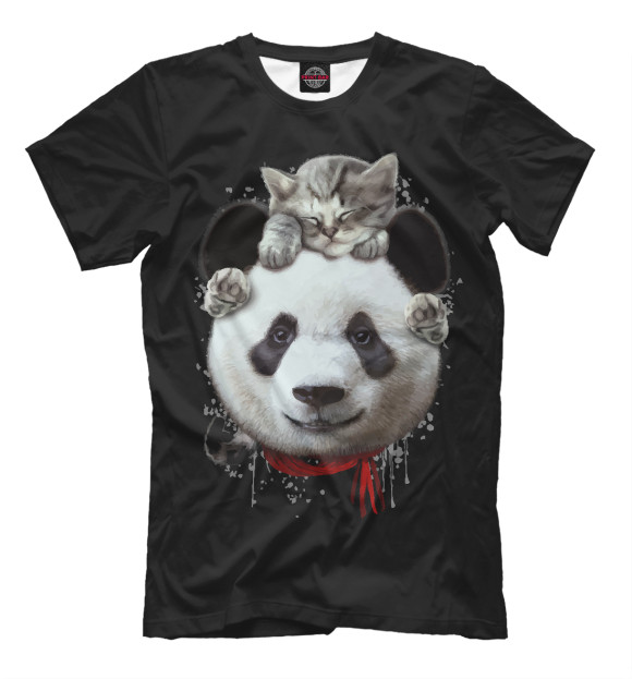 Мужская футболка с изображением Панда и котенок цвета Черный