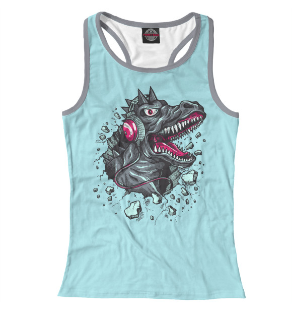 Женская майка-борцовка с изображением Динозавр - меломан цвета Белый