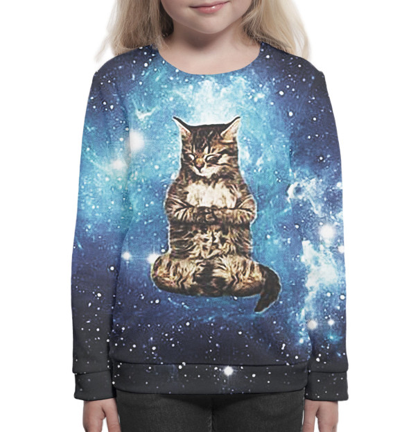 Свитшот для девочек с изображением Кот в космосе цвета Белый