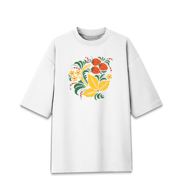 Мужская футболка оверсайз с изображением Хохлома роспись Клубника цвета Белый