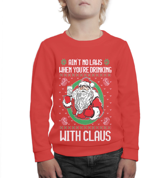 Свитшот для мальчиков с изображением Ain't no laws when you're drinking with claus цвета Белый