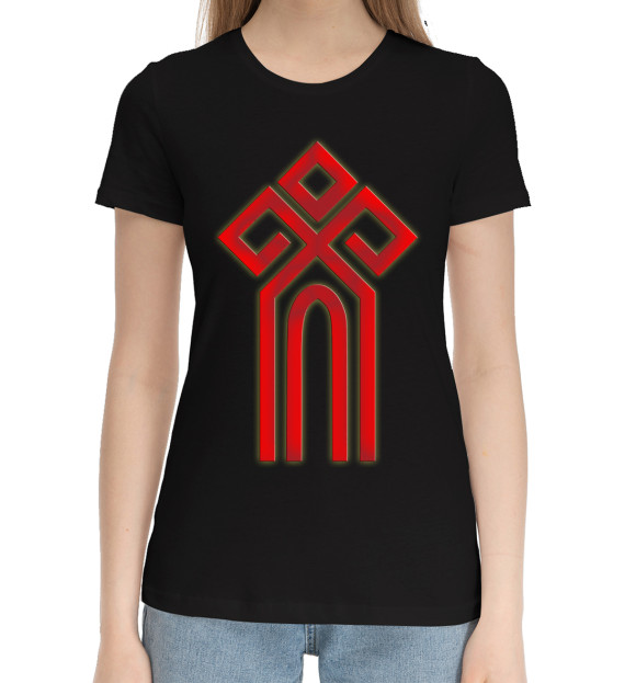 Женская хлопковая футболка с изображением Оберег Славянский Чур цвета Черный