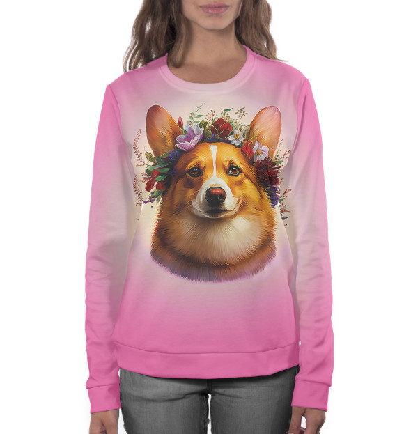 Женский свитшот с изображением Корги на розовом фоне цвета Белый