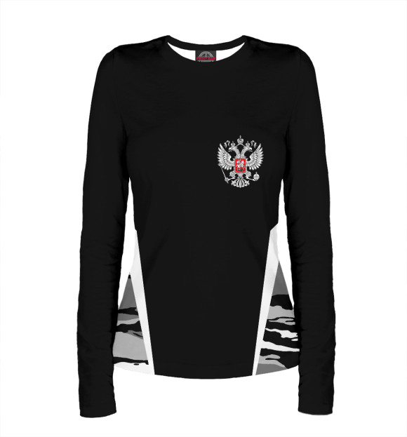Женский лонгслив с притом Камуфляж с гербом цвета Белый Женский лонгслив с изображением Камуфляж с гербом цвета Белый