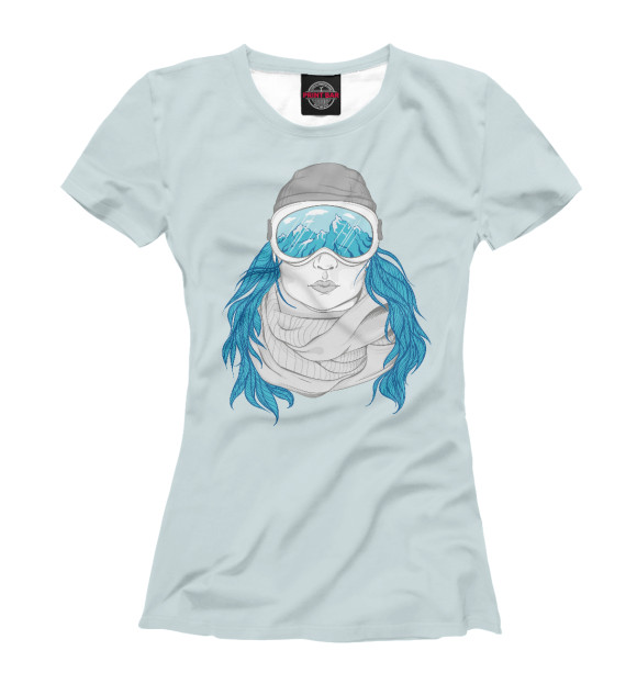 Женская футболка с изображением Девушка - сноубордист цвета Белый