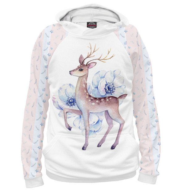 Женское худи с изображением Deer and flowers цвета Белый