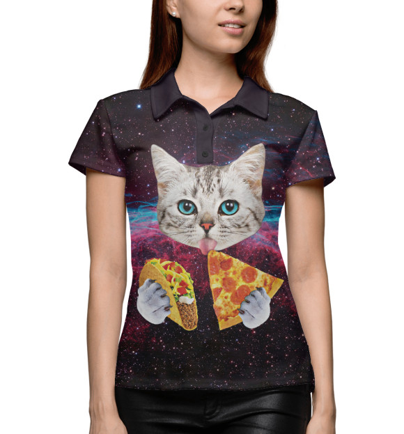 Женское поло с изображением Котик с Пиццей цвета Белый
