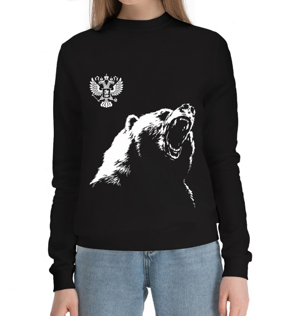 Женский хлопковый свитшот с изображением Русский медведь и герб цвета Черный
