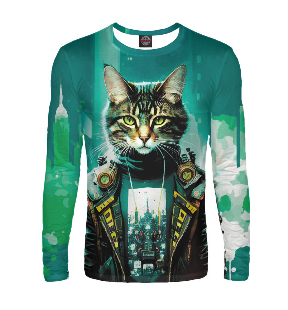 Мужской лонгслив с изображением Крутой котяра на фоне высоток цвета Белый