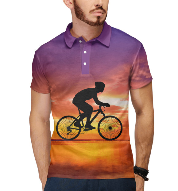 Мужское поло с изображением Велосипед на закате цвета Белый