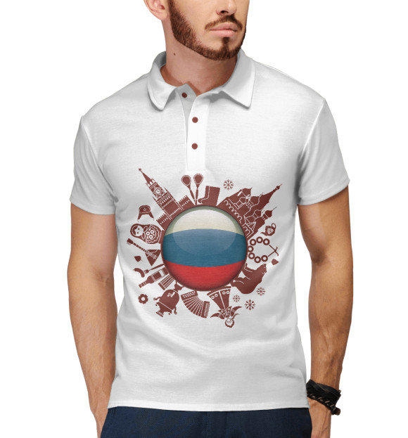 Мужское поло с изображением Глобус России цвета Белый