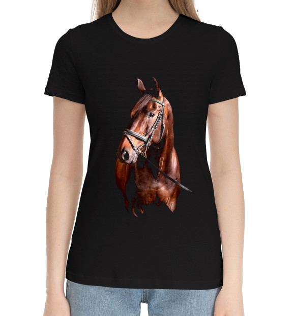 Женская хлопковая футболка с изображением Лошади цвета Черный