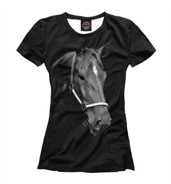 Женская футболка с изображением Черный конь цвета Белый