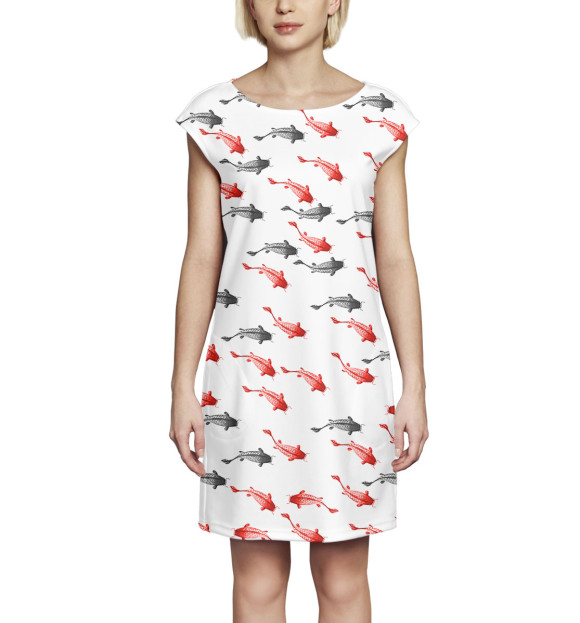 Платье без рукавов с изображением Рыба цвета Белый
