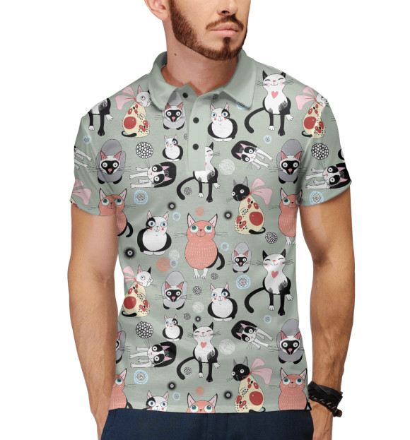 Мужское поло с притом Милые Котейки цвета Белый Мужское поло с изображением Милые Котейки цвета Белый
