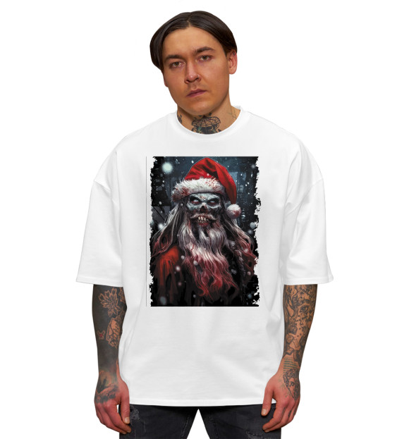 Мужская футболка оверсайз с изображением Ужасный Дед Мороз цвета Белый