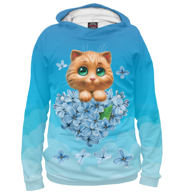 Мужское худи с изображением Котенок и сердце из цветов цвета Белый