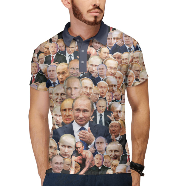 Мужское поло с изображением Путин коллаж цвета Белый