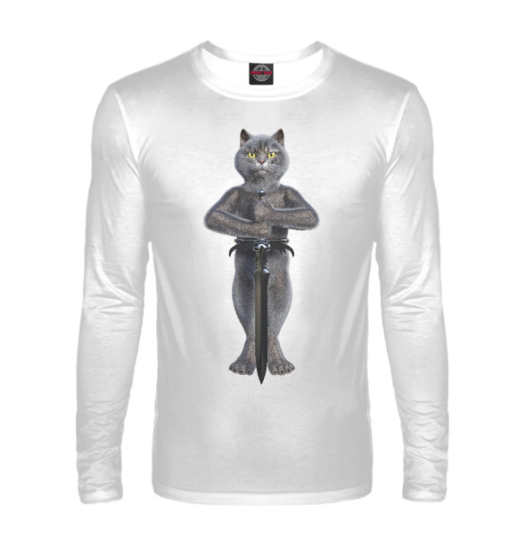 Мужской лонгслив с изображением Кот-рыцарь цвета Белый