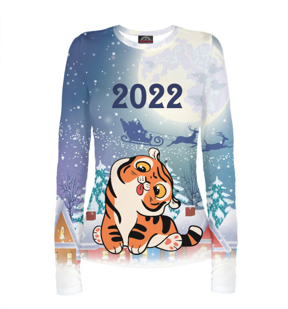 Женский лонгслив с изображением Забавный тигренок 2022 цвета Белый